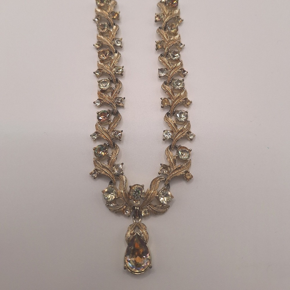 Vintage Coro floral choker necklace drop Y rhinestone Mid Century gold tone
